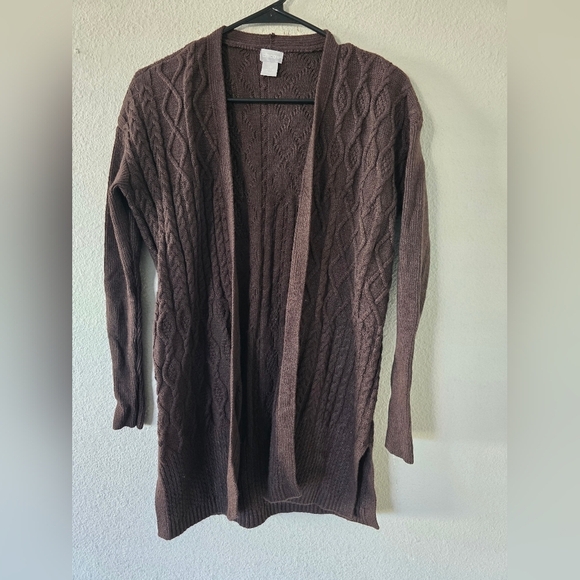 Chico's Cardigan Women SP Brown Long Sleeve Cable Knit Open Wool Cashmere - Picture 4 of 14